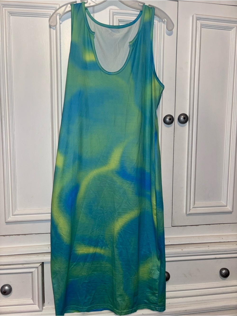 Never Been Worn Sleeveless Blue and Green Tie-Dye Midi Dress